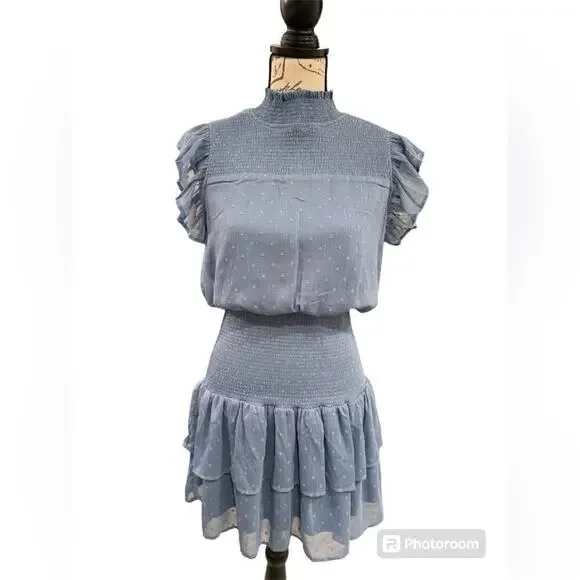 Aqua Ruffle Dress Smocked Short Sleeve Blue Swiss Dot Womens size Large - Picture 2 of 15